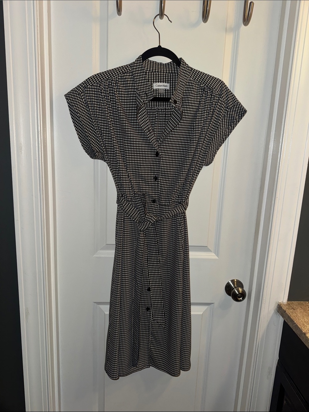 Calvin Klein Black and White Gingham Midi Shirt Dress